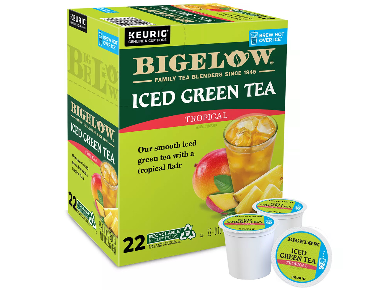 Bigelow Tropical Iced Green Tea 22 to 132 Count Keurig K cups Pick Any Size