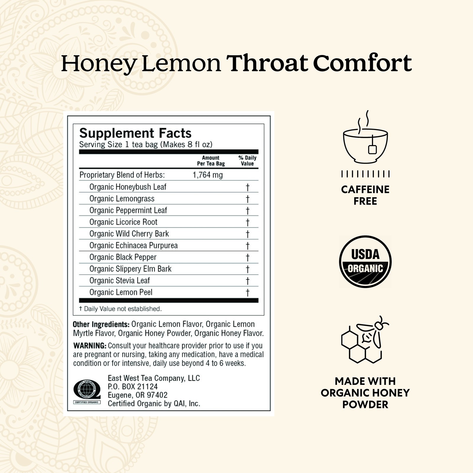 Yogi Tea – Honey Lemon Throat Comfort (4 Pack) Caffeine Free 64 Organic Tea Bags