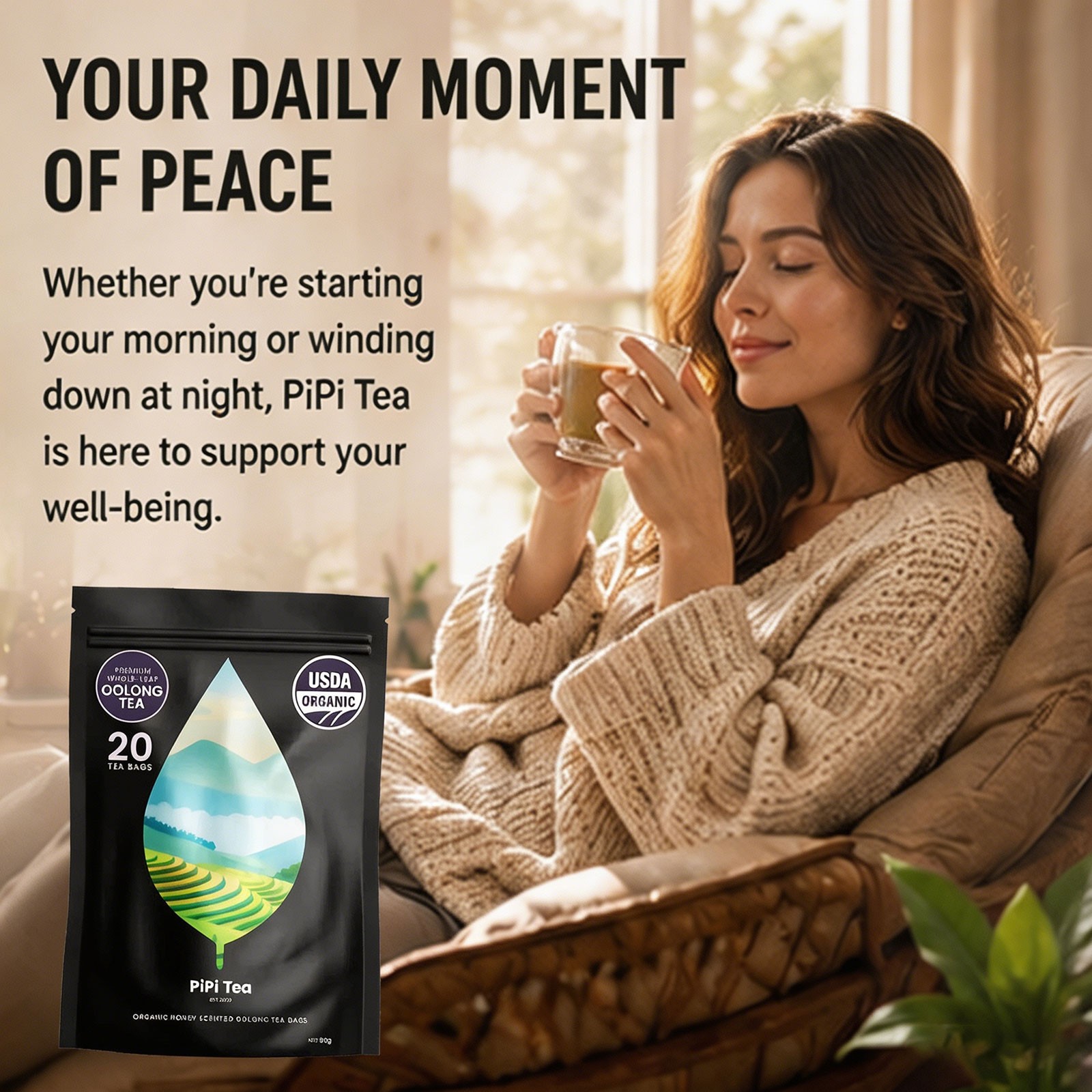 PiPi Tea Organic Oolong Tea Bags – Whole Leaf, 20 Bags (4g Each) – Cortisol &Ca1