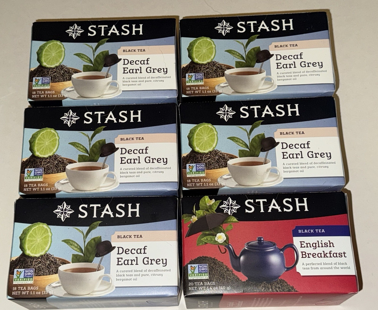 (6) boxes STASH TEA BAGS = 5 DECAF EARL GREY + 1 English Breakfast Black Regular