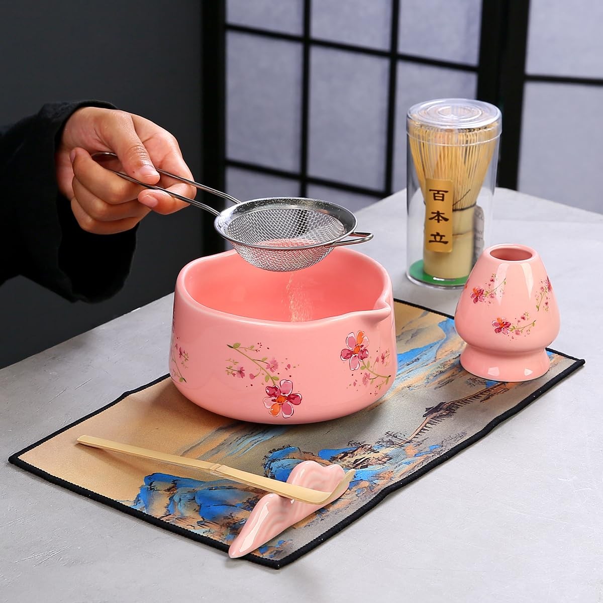 Matcha Whisk Set 7 Piece Pink Kit With Scoop Strainer Bamboo Traditional Tool