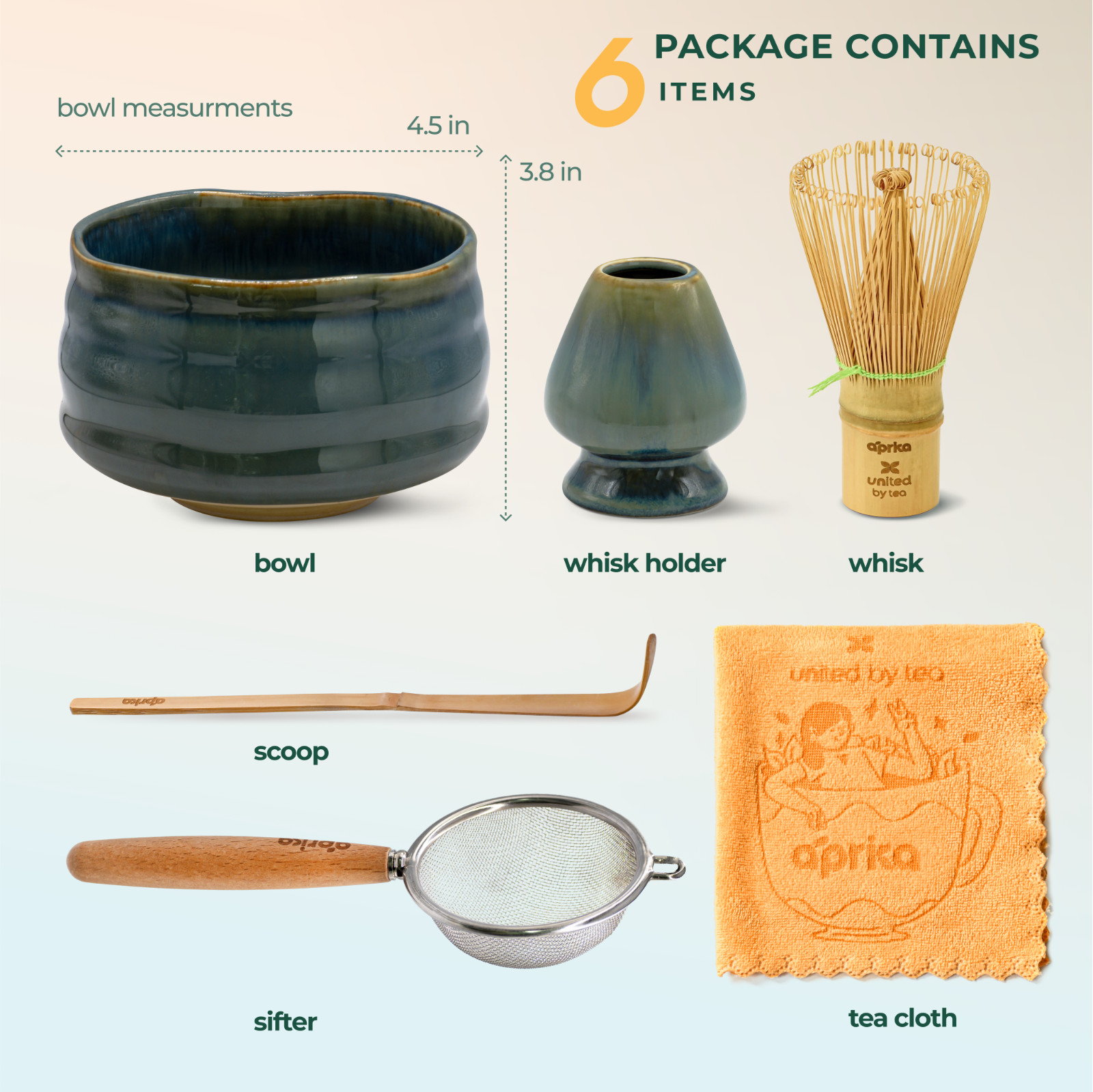 Complete Matcha Starter Set: Bowl, Holder, Whisk, Scoop, Sifter, Tea Cloth