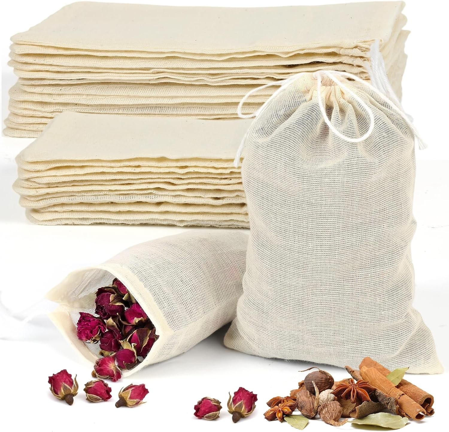 Reusable Cotton Tea Bags 30pcs Mesh Drawstring Filter Bags for Cooking Herbs