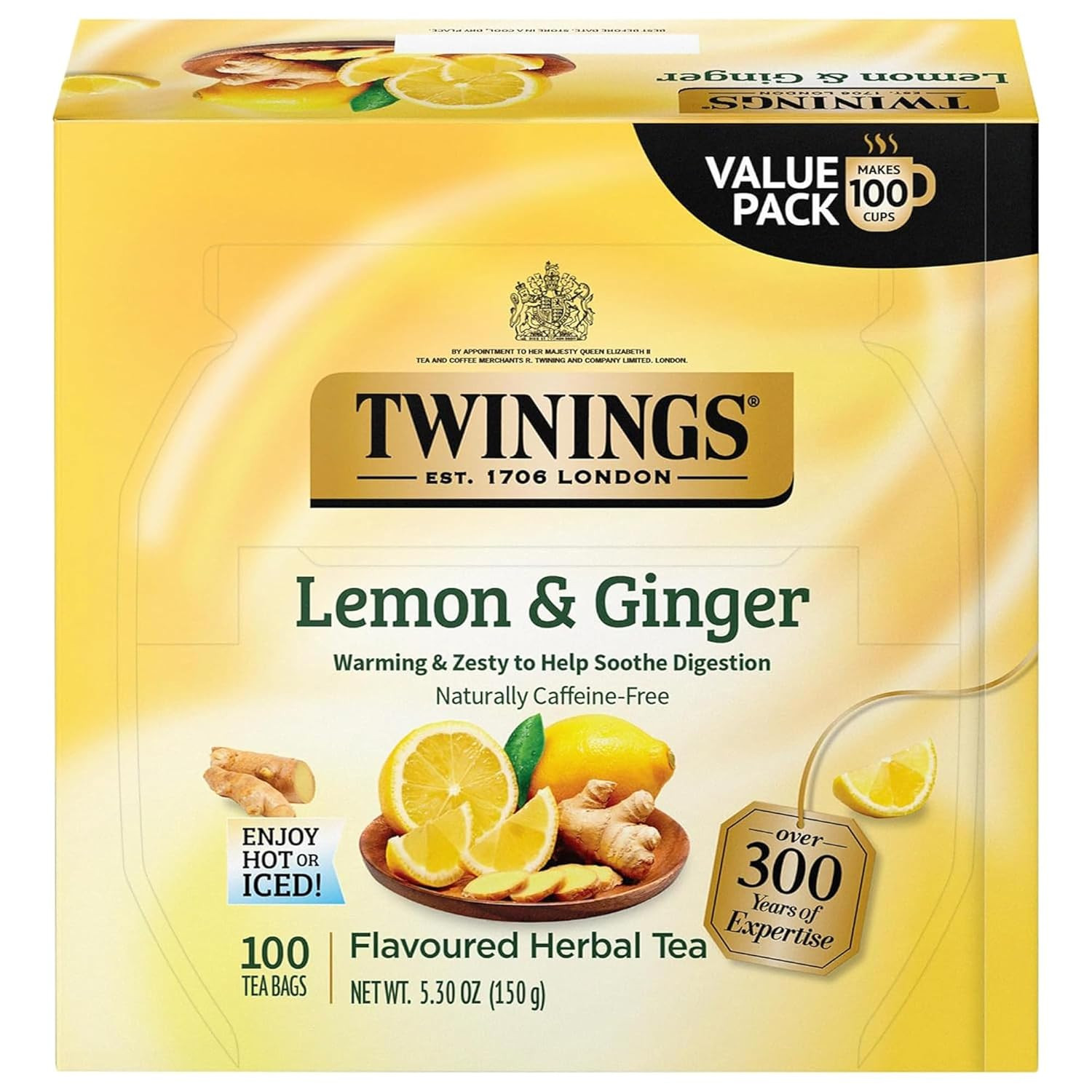 Lemon & Ginger Herbal Tea Individually Wrapped 100 Count (Pack Of 1) Tangy Lemon