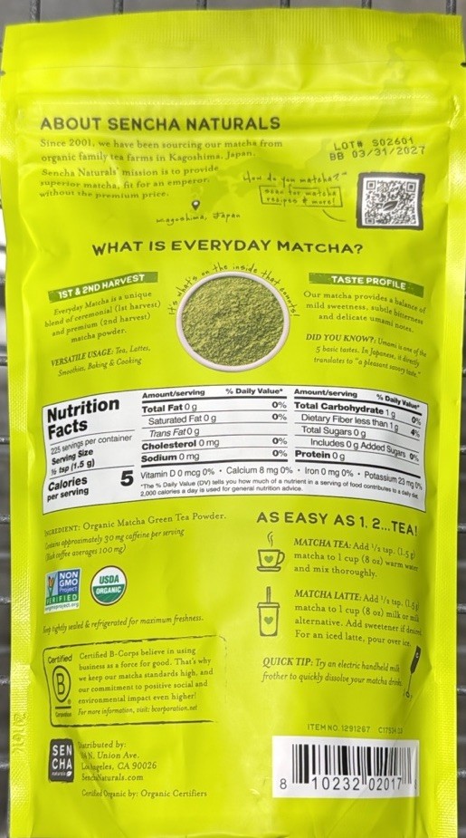 Sencha Naturals Organic Everyday Matcha Powder, Japanese Green Tea 12 oz