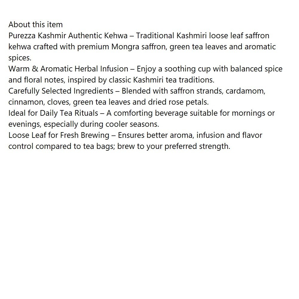 Purezza Kashmiri Saffron Kehwa Loose Leaf Tea 50g | Sugar Free Herbal Green Tea
