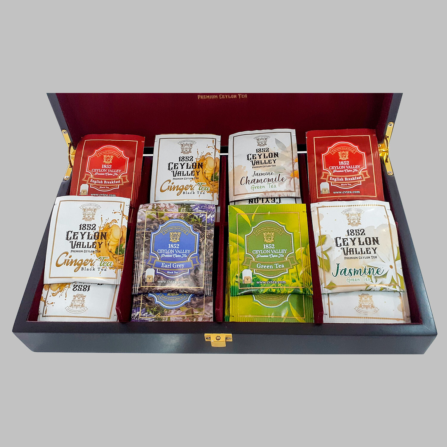 Ceylon Variety Gift Pack 8 Tea Flavors. 64 Enveloped Tea Bags in Wooden Gift Box