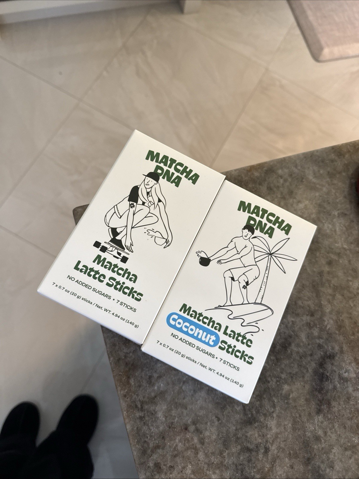 Matcha DNA Latte Sticks + Matcha Coconut Sticks. Exp: 05/27