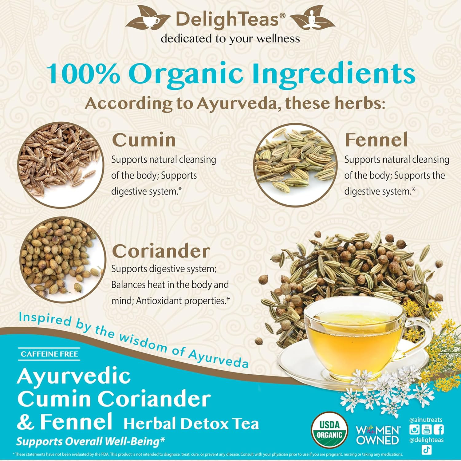 Delighteas Organic Digest & Detox CCF Tea | Ayurvedic Cumin, Coriander, Fennel L
