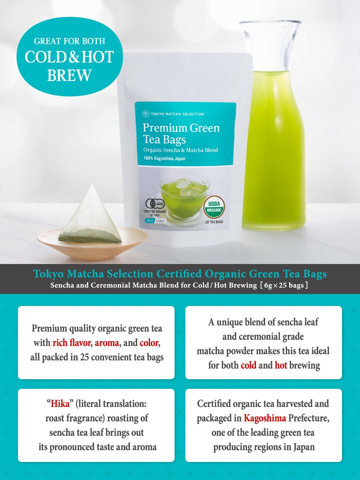 Organic Premium Matcha Infused Green Tea Bags | 25 count | Sustainable Tea Bags