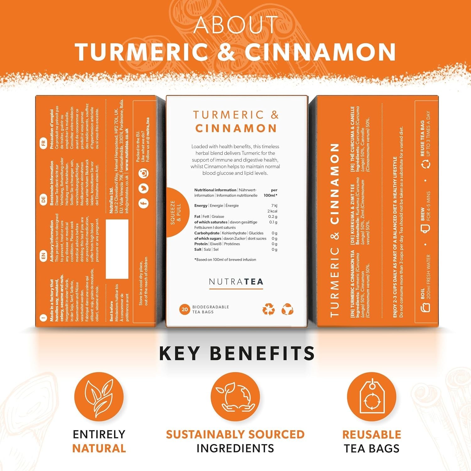 20 Individually Wrapped Turmeric & Cinnamon Teabags – Herbal Blend for Health