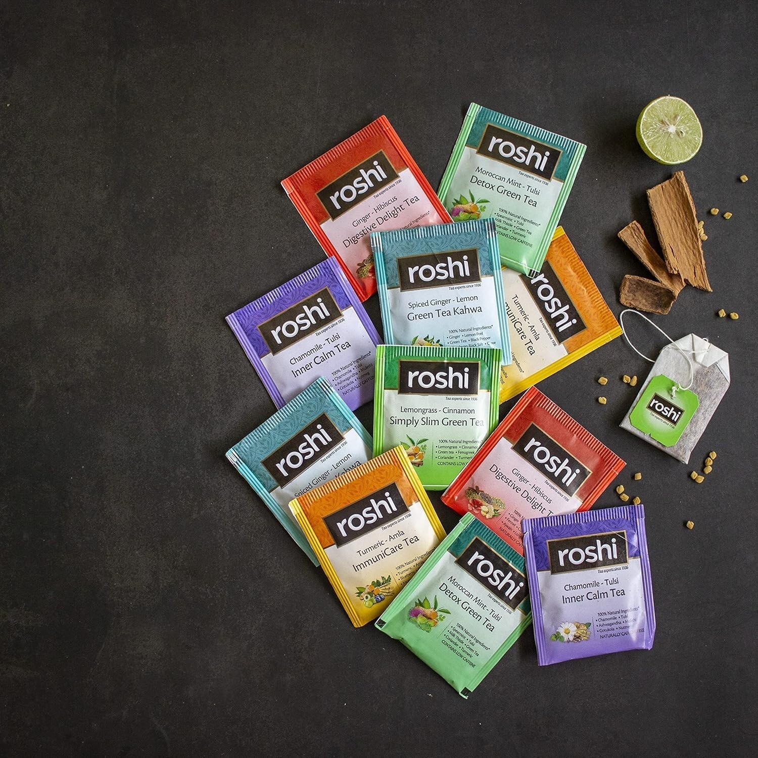 Roshi Assorted Herbal & Green Tea Collection (25 Tea bags) Chamomile Immunity