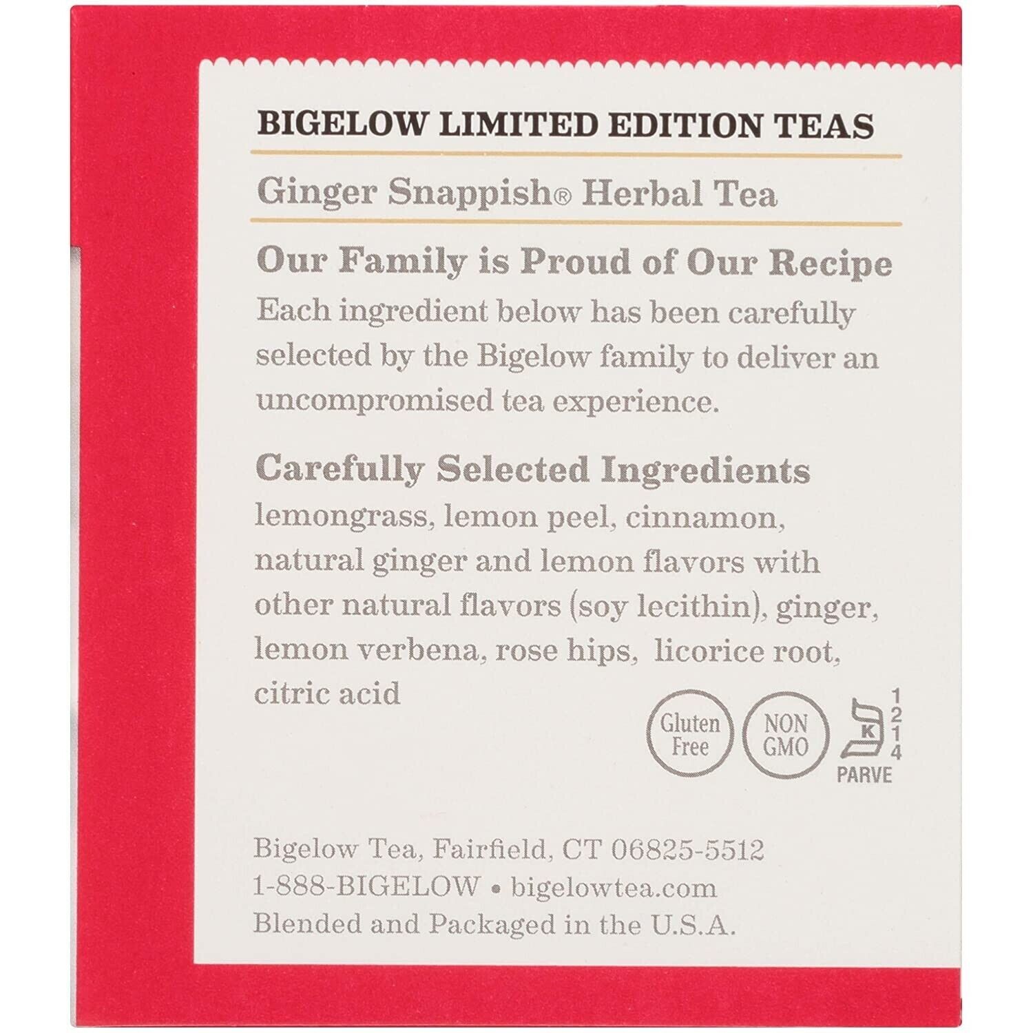 Bigelow GINGER Snappish Herbal Tea, Caffeine Free, 18 Bags, see description