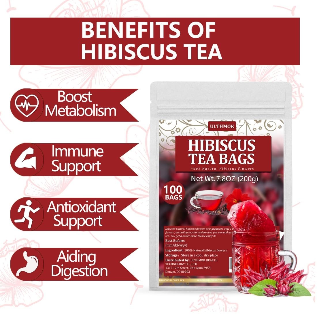 Premium Hibiscus Tea Bags,100 Tea Bags/7.06 Oz,100% Pure Dried Hibiscus Flower,N