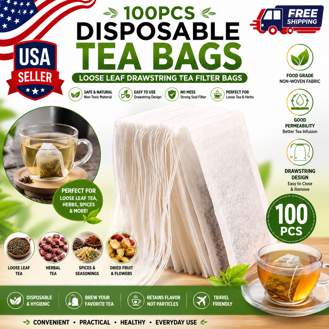 100pcs Disposable Tea Bags Loose Leaf Drawstring Empty Tea Filter Bag Infuser