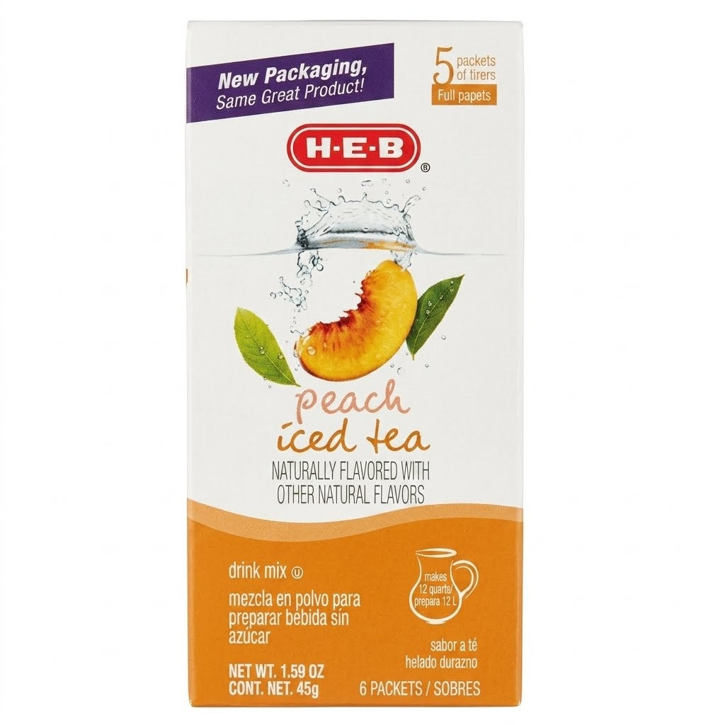 Iced Tea Drink Mix Packets Naturally Flavored 6 ct HEB- Lemon, Peach, Tropical