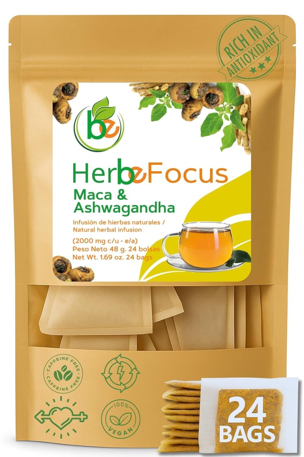 Maca & Ashwagandha Herbal Tea (24 Tea Bags) – 2000mg Each – Traditional Vitality