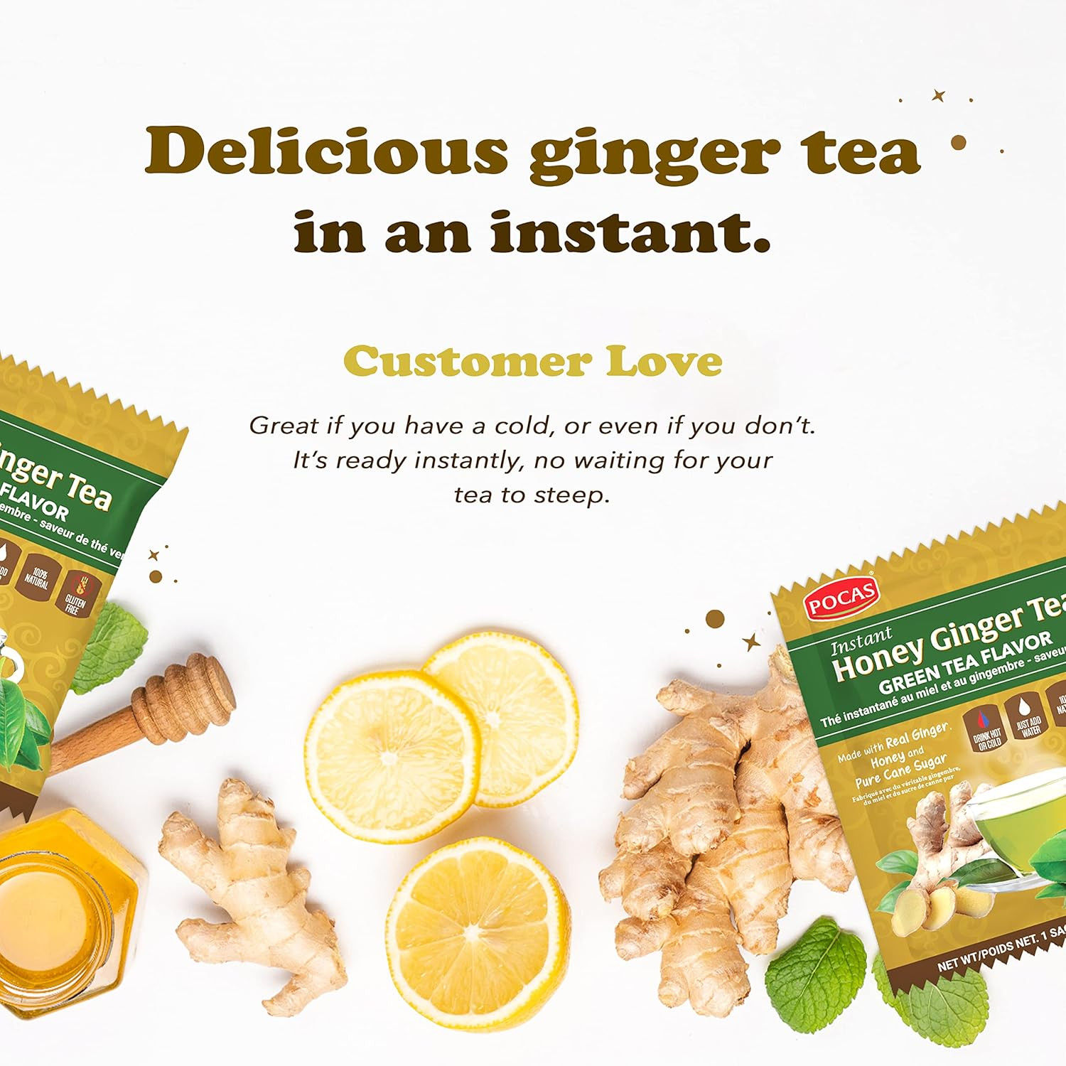 Honey Ginger Instant Tea Powder, Green Tea Flavor, Ginger Extract & Real Honey,