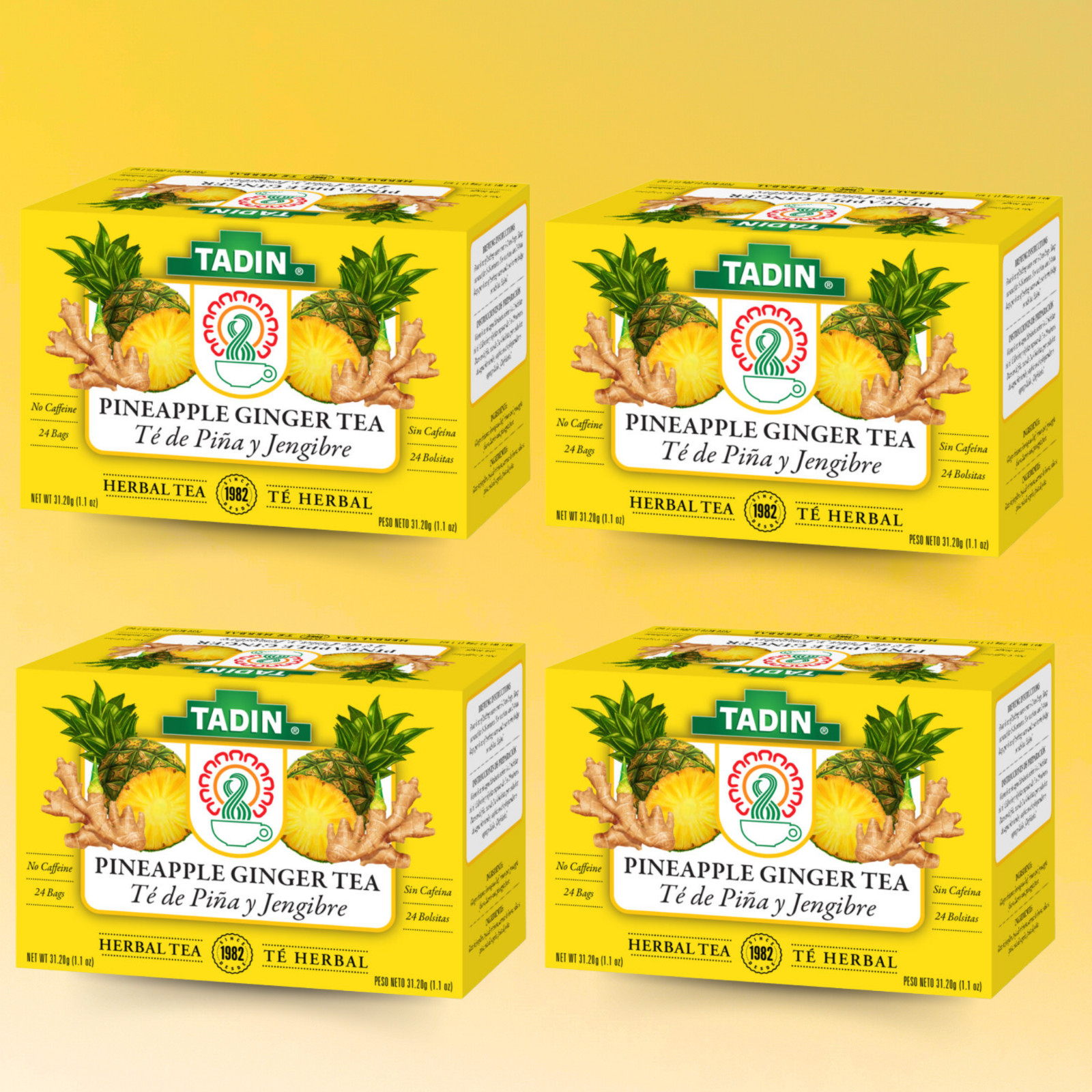 Tadin Pineapple Ginger Tea, 24 Bags 1.1 fl oz, Fruity & Spicy Blend (4-Pack)
