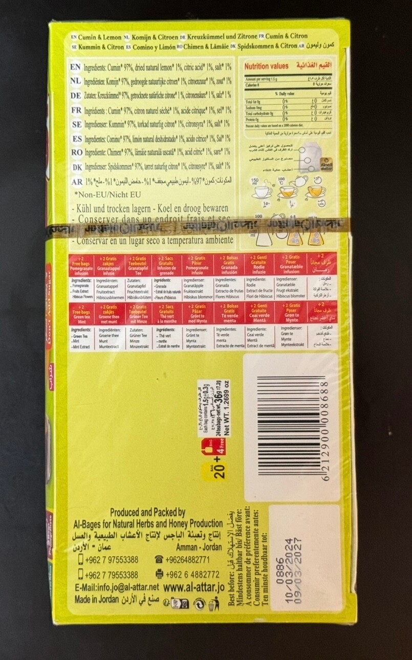 Cumin & Lemon Herbal Tea by Alattar – 2 Pack – 20% Extra – Caffeine Free