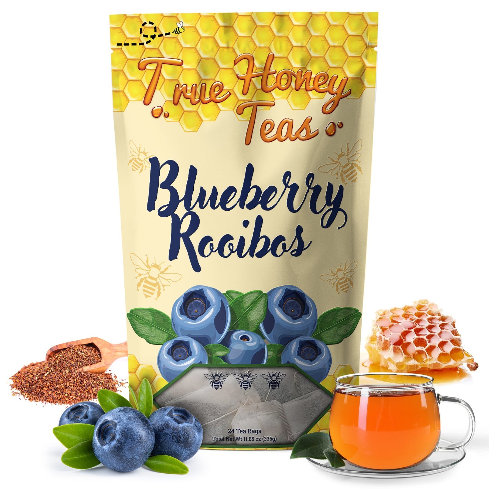 True Honey Teas Blueberry Rooibos Herbal Tea Organic Caffeine Free 24 Pack