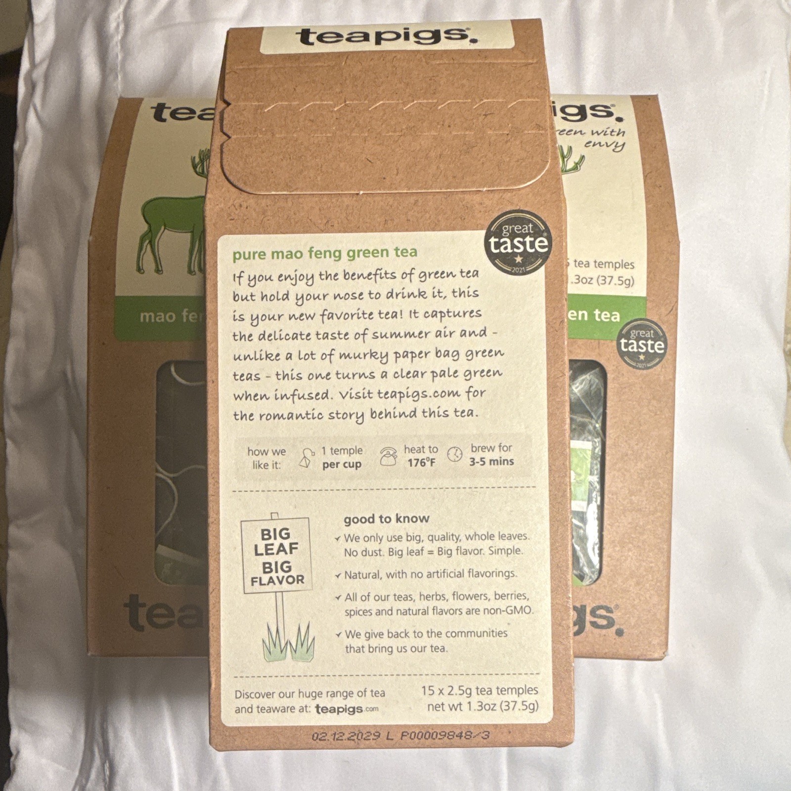 3 packs teapigs Mao Feng Green Tea & Infusion Bags 15 Tea Temples 37.5g Non-GMO