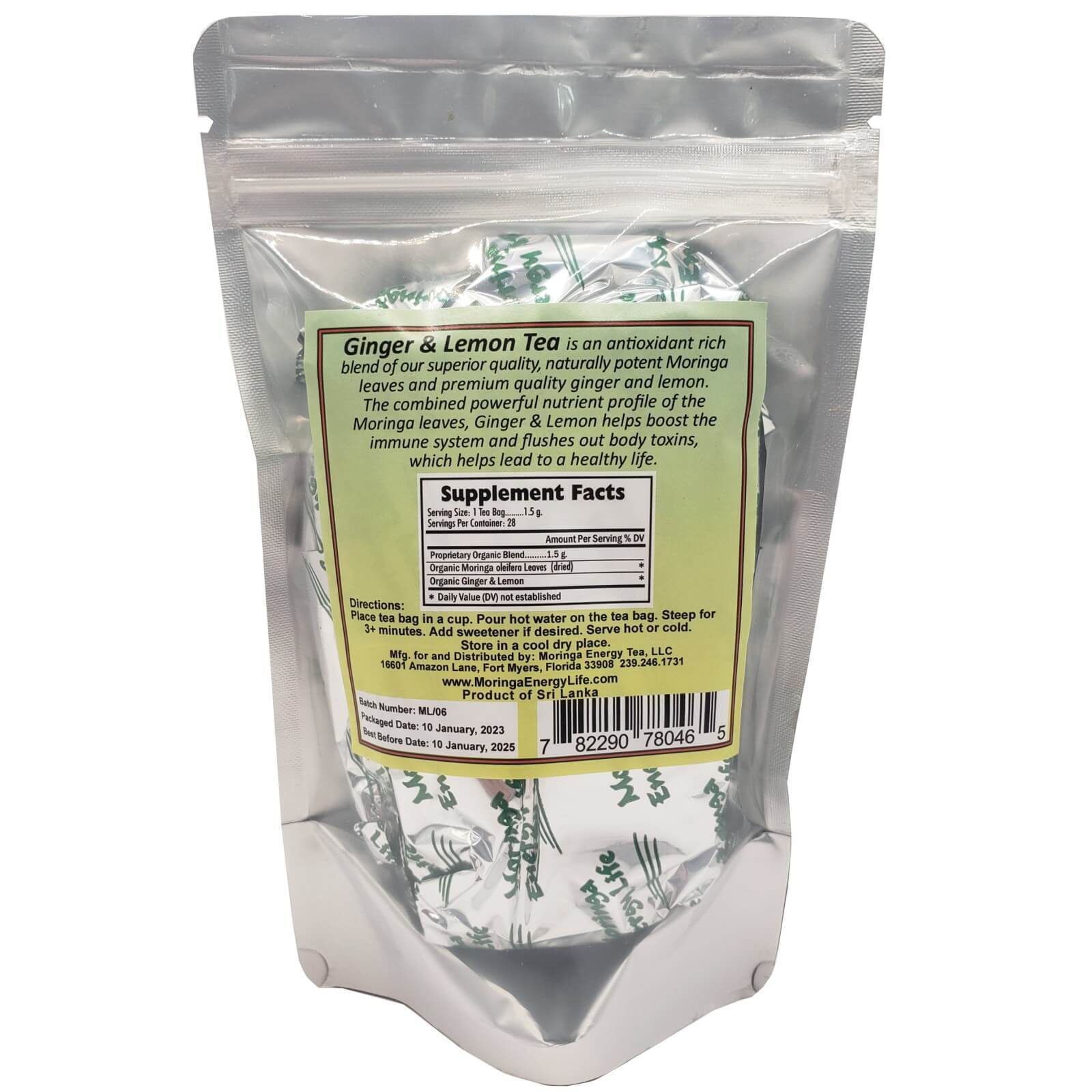 Moringa Ginger Lemon Tea Bags, 28 teas