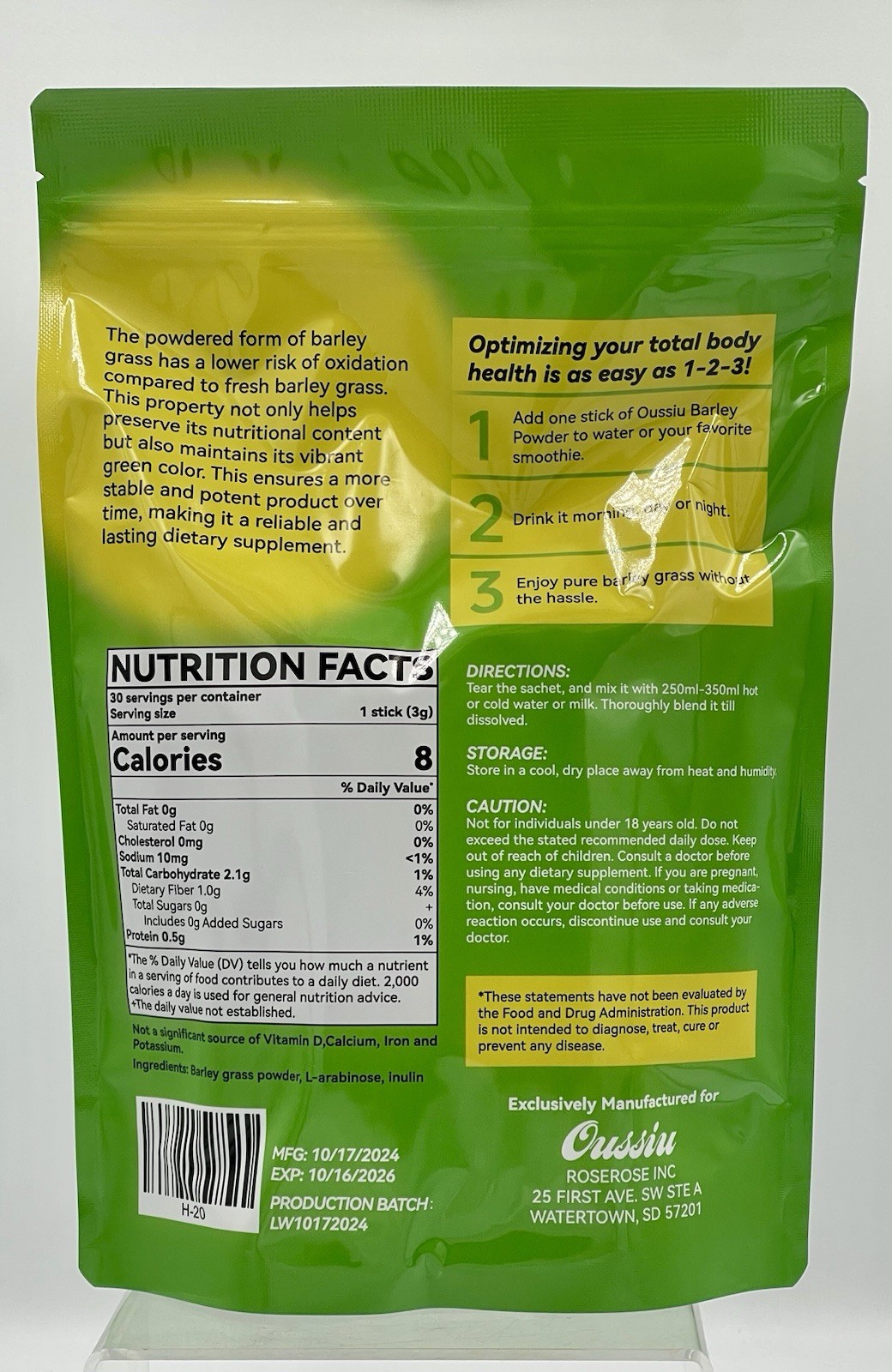 Lot of 2 OUSSIU Barley Grass Powder 30x3g Sticks Prebiotic Fiber Vegan EXP 10/26