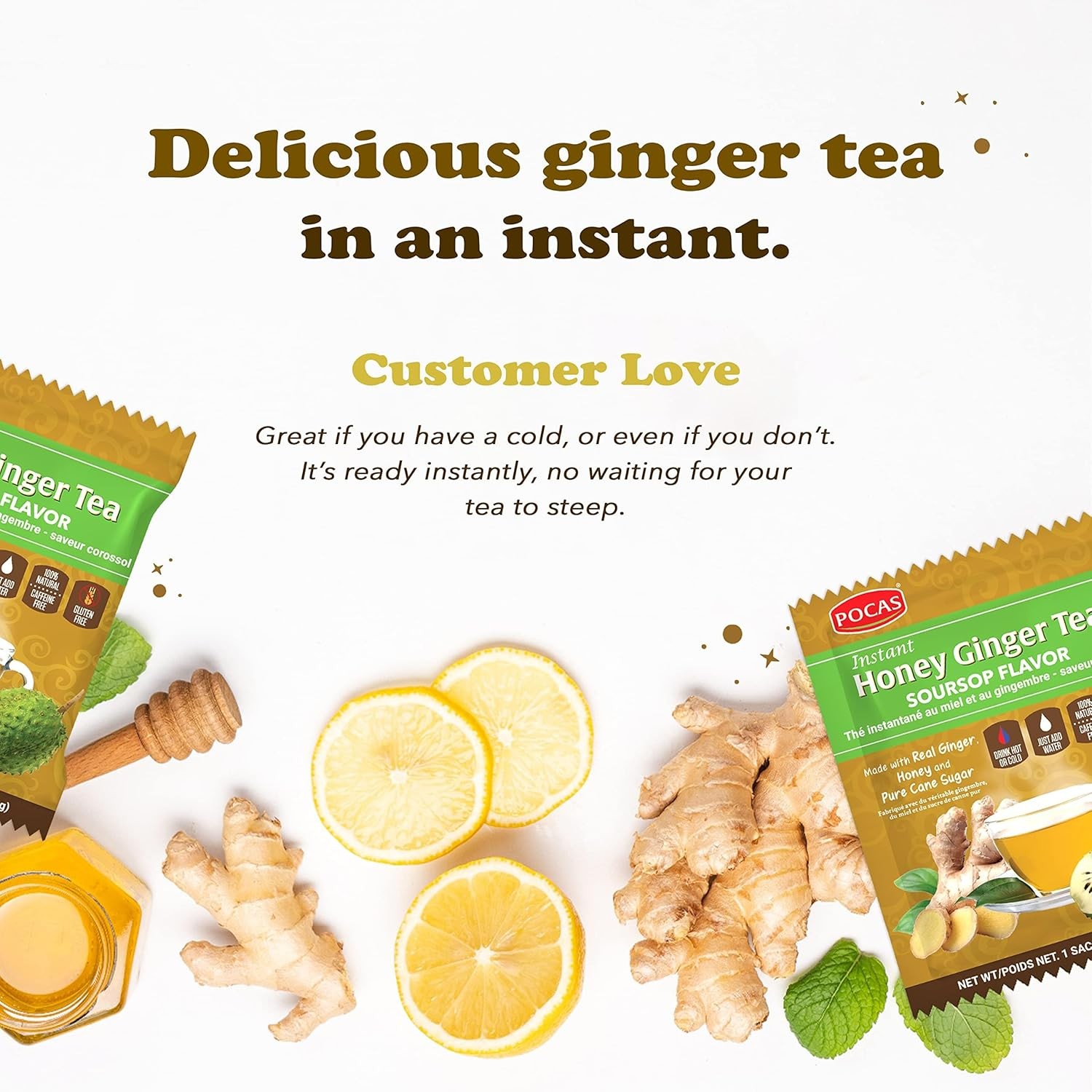 Pocas Honey Ginger Instant Tea Powder, Soursop Flavor, Real Ginger Extract & Swe