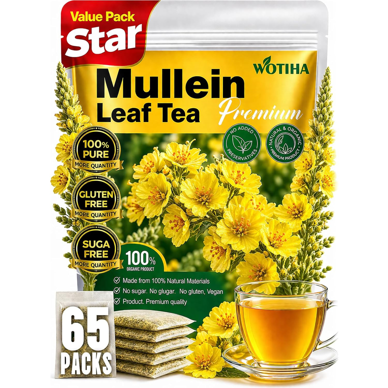 WOTIHA 65 Count Value Pack Premium Mullein Leaf Tea Bags – 100% Pure Natural Her