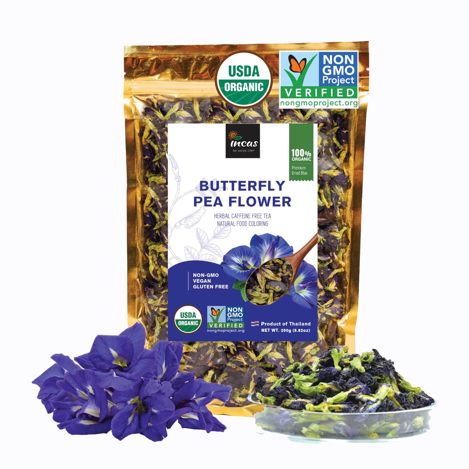 INCAS 100% USDA Organic Butterfly Pea Flower 8.82 oz 750+ Cups DIRECT FROM SO…