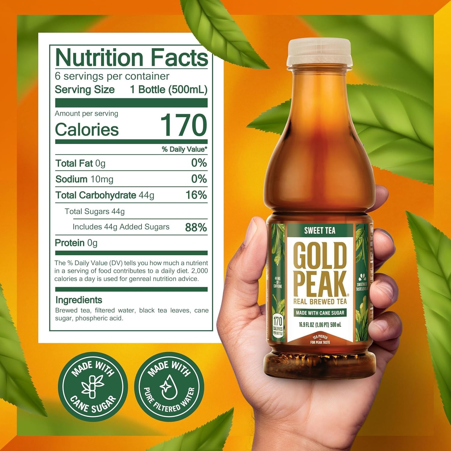 Real Brewed Sweet Tea, 16.9 fl oz – Convenient 6 Pack with Cane Sugar Sweetness
