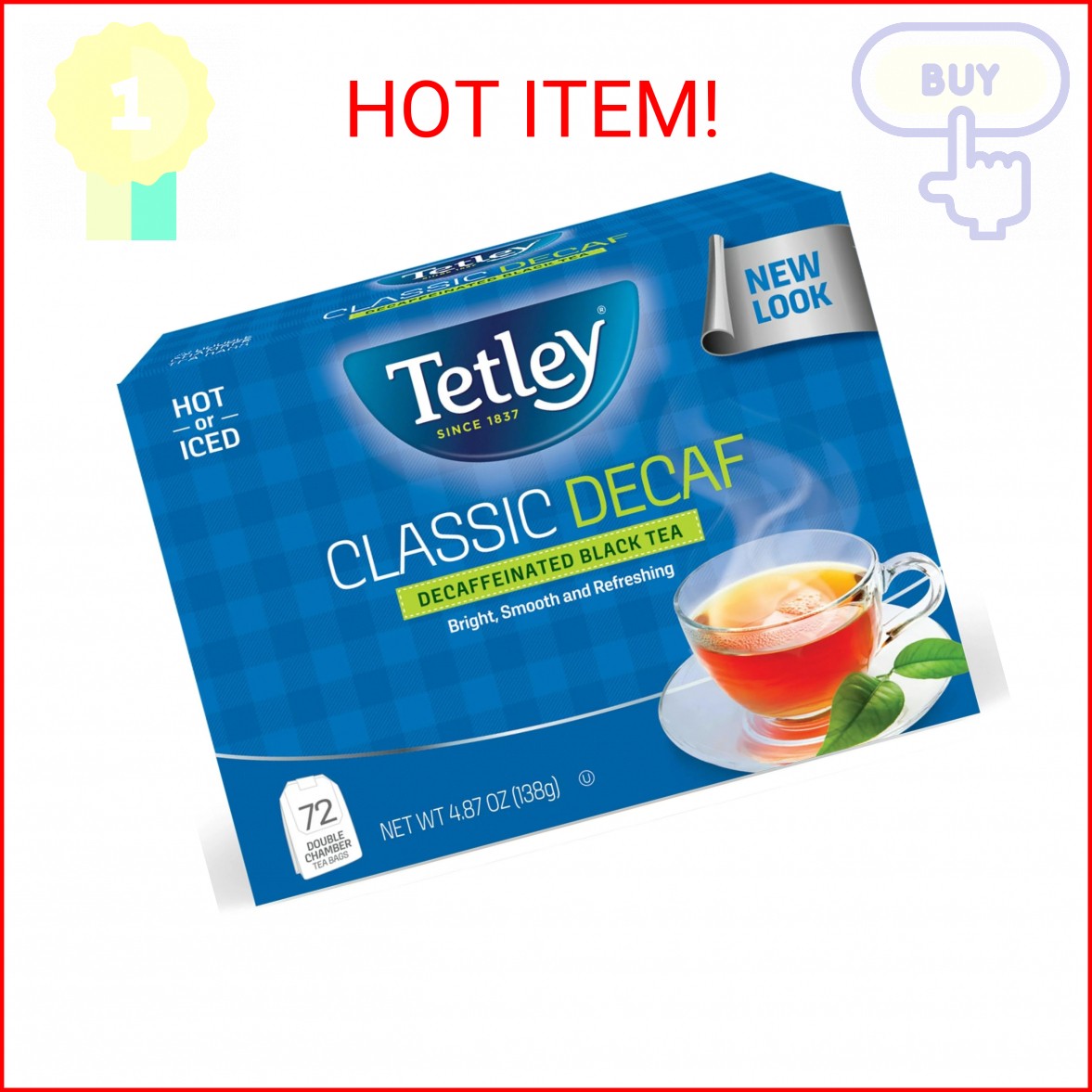 Tetley, Decaffeinated Classic Black Tea Bags, 72 Count