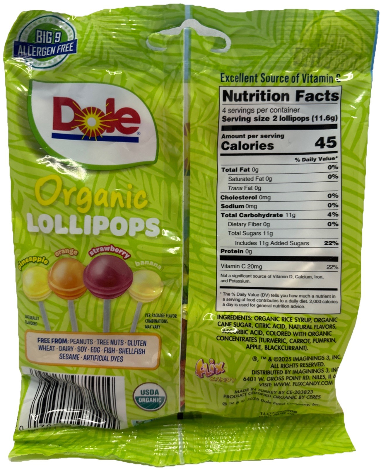 Dole Lollipops—Big 9 Allergens Free—4 Assorted Flavors Kid—NEW—SHIPS IN 24 HOURS