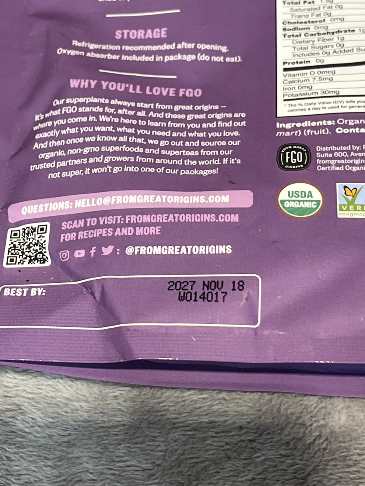 4 bags From Great Origins Organic Acai powder 4.oz each From Brazil 11/27