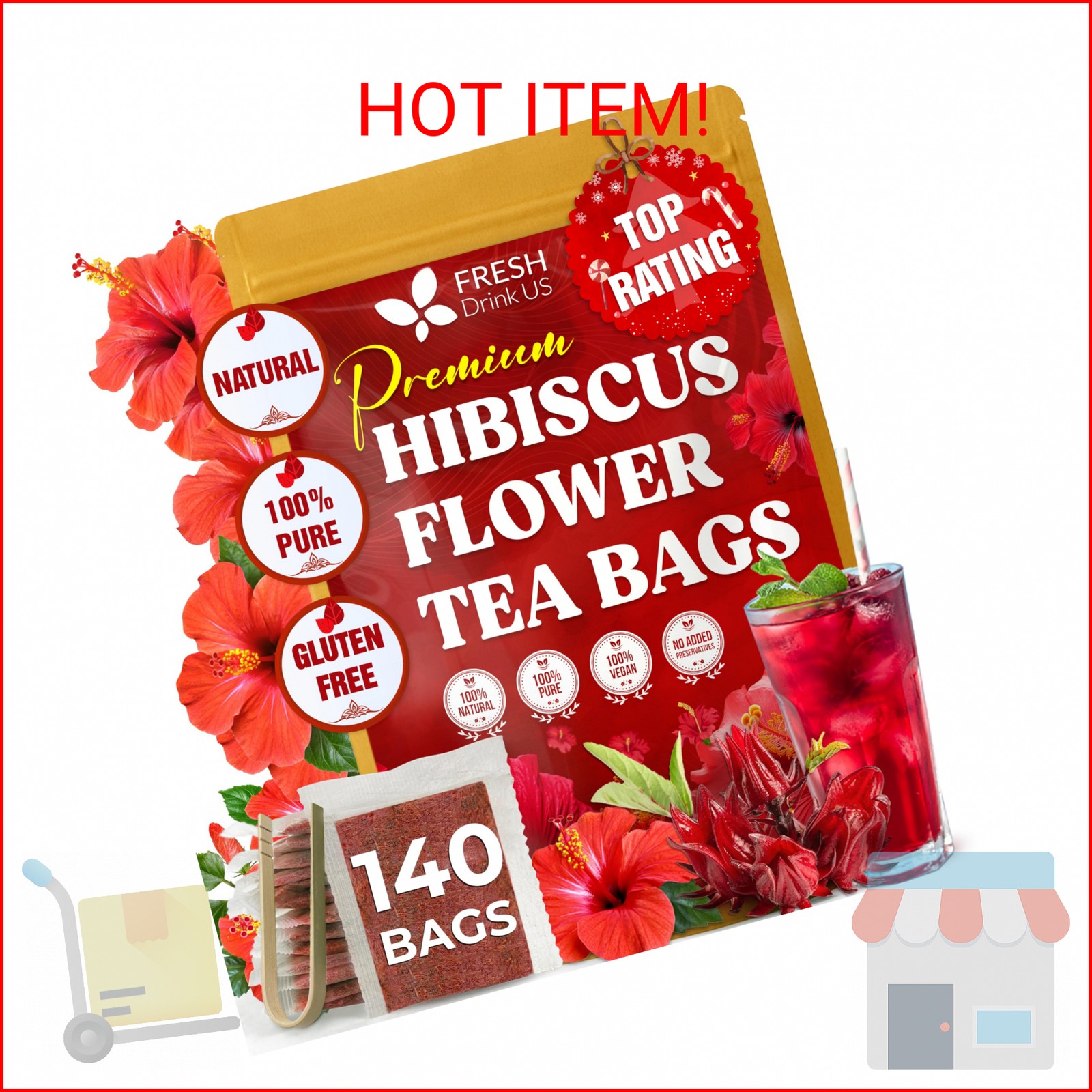 FRESHDRINKUS 140 Hibiscus Flowers Tea Bags, 100% Natural, Pure from Hibiscus Flo