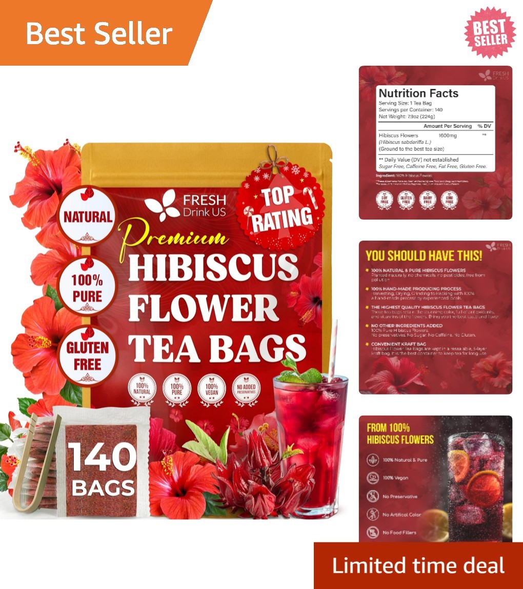 , 140 Hibiscus Flowers Tea Bags, 100% Natural, Handmade & Pure from Hibi