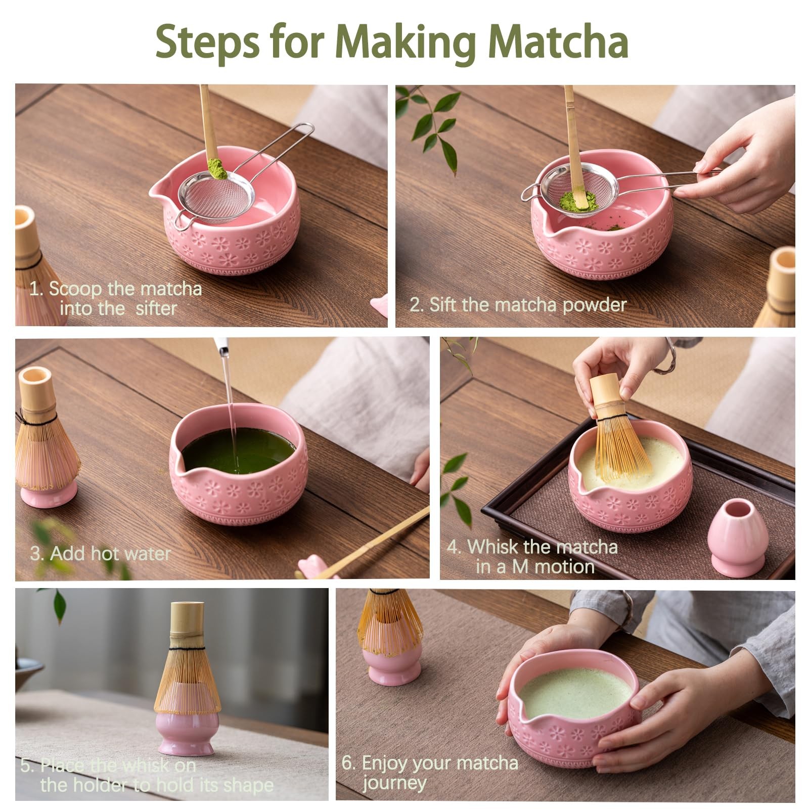 Matcha Whisk Set 7 Pc Pink Ceramic Bowl Whisk Holder Scoop Sifter Towel