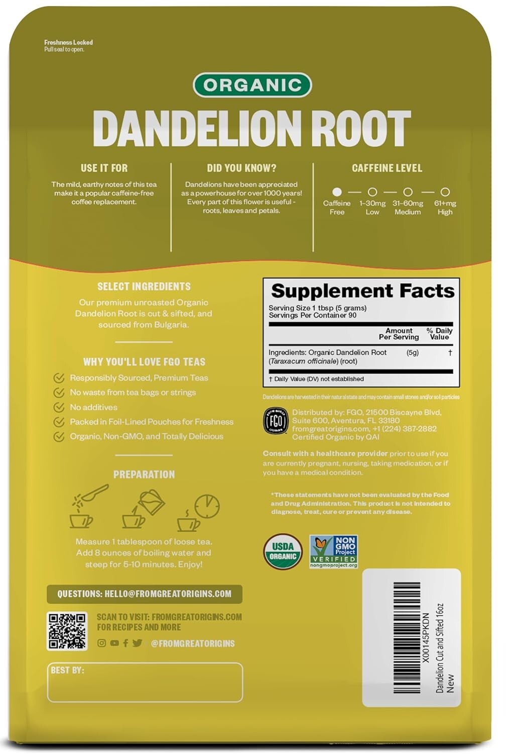 Healthy 16oz Organic Dandelion Root Tea from Bulgaria – Caffeine-Free Delight