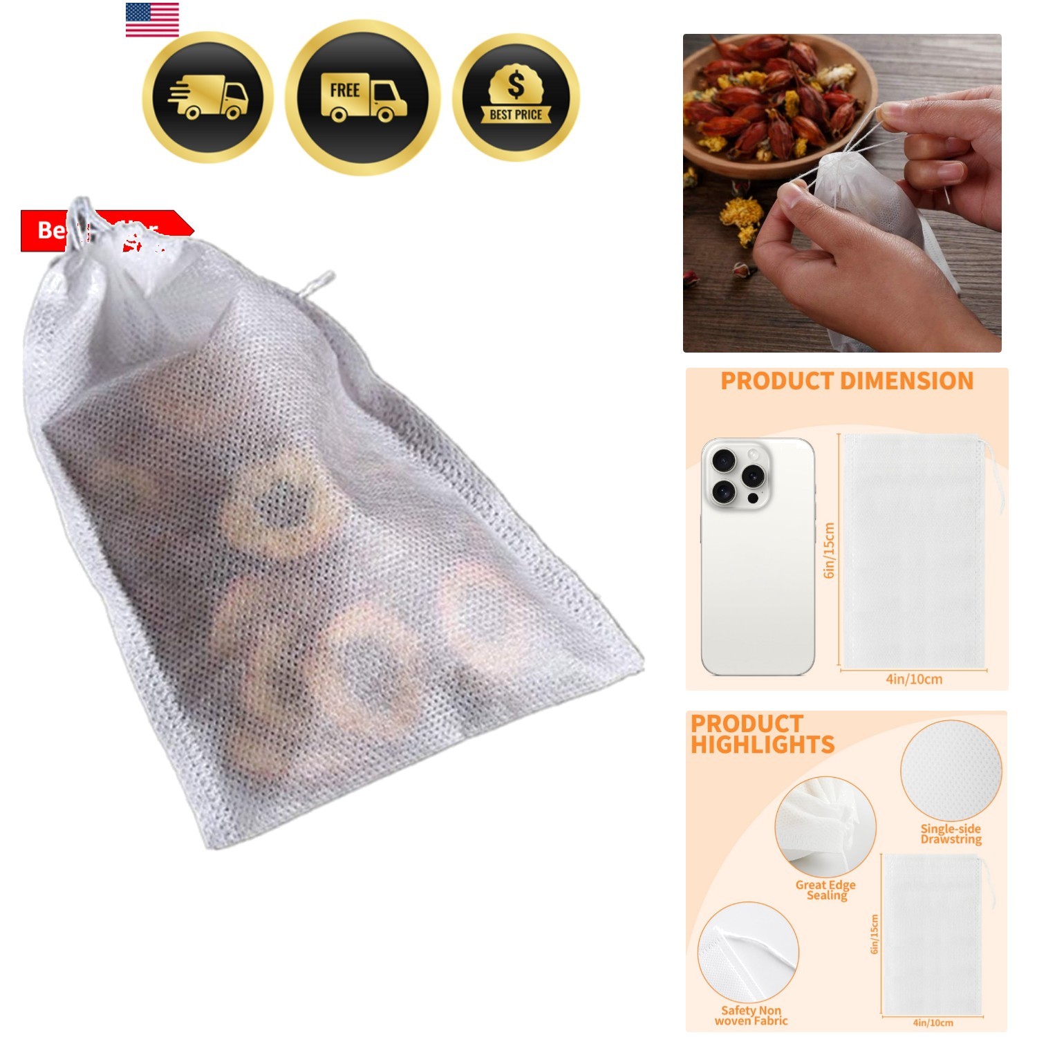100 Pack Disposable Tea Filter Bags Tea infusers 4″ x 6″ Empty Muslin Drawstr…