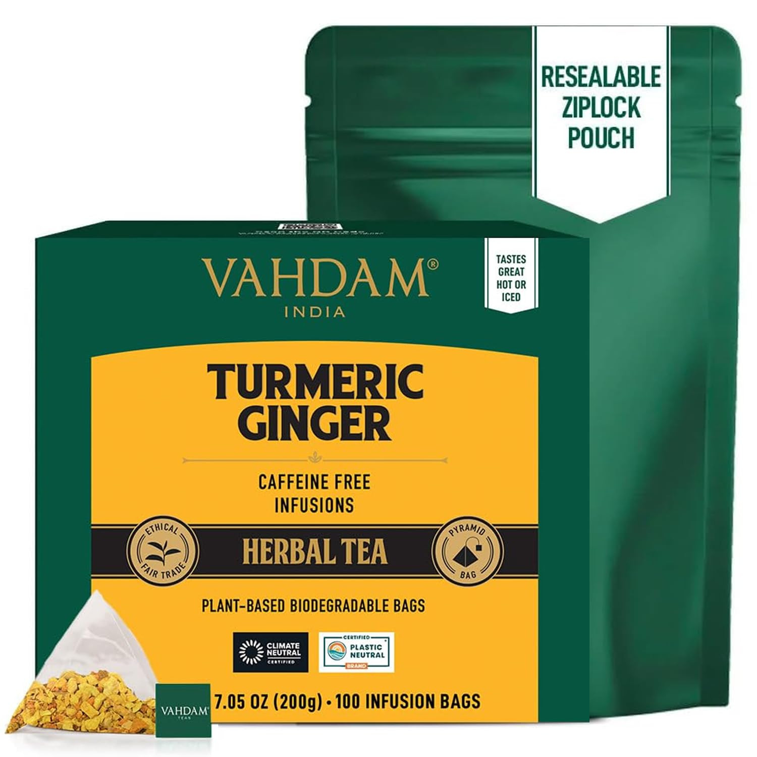 VAHDAM Organic Turmeric Ginger Herbal Tea Bags (100 Pyramid Tea Bags) Caffeine F