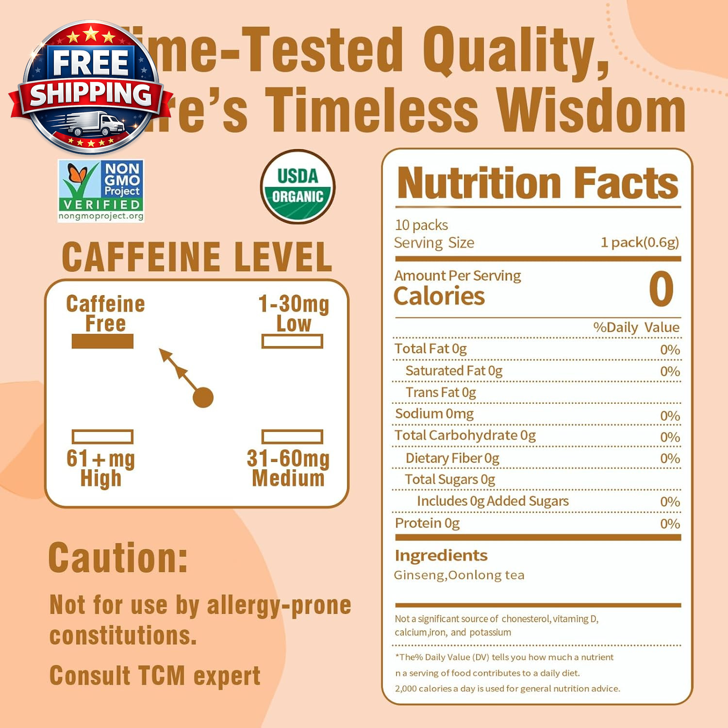 Organic Ginseng Tea – 10 Pack of Pure Ginseng Powder, No Additives