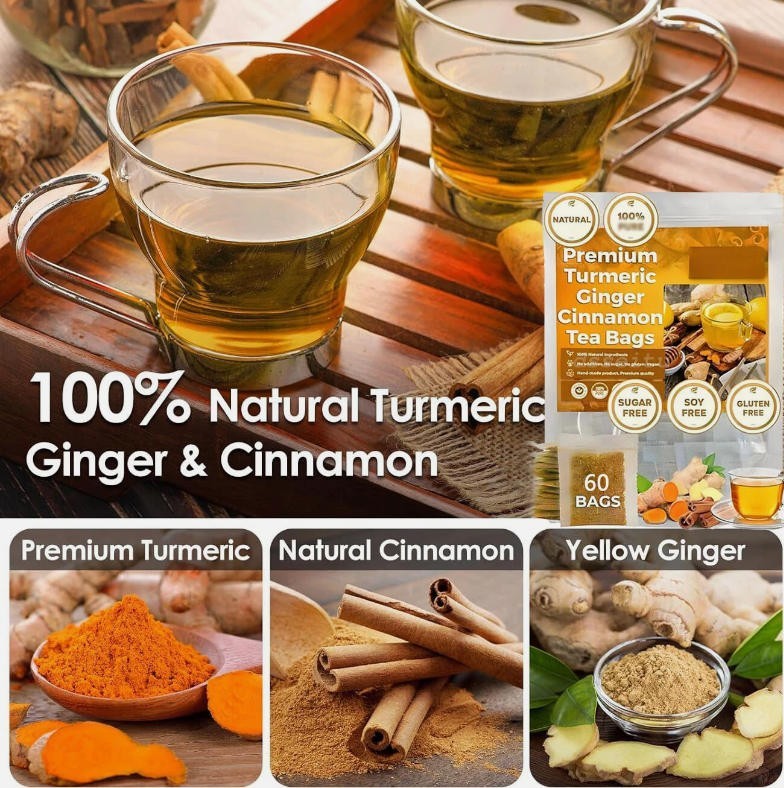Organic Turmeric, Ginger & Cinnamon – 60 Tea Bags | Plant-Based Pyramid Tea Bag
