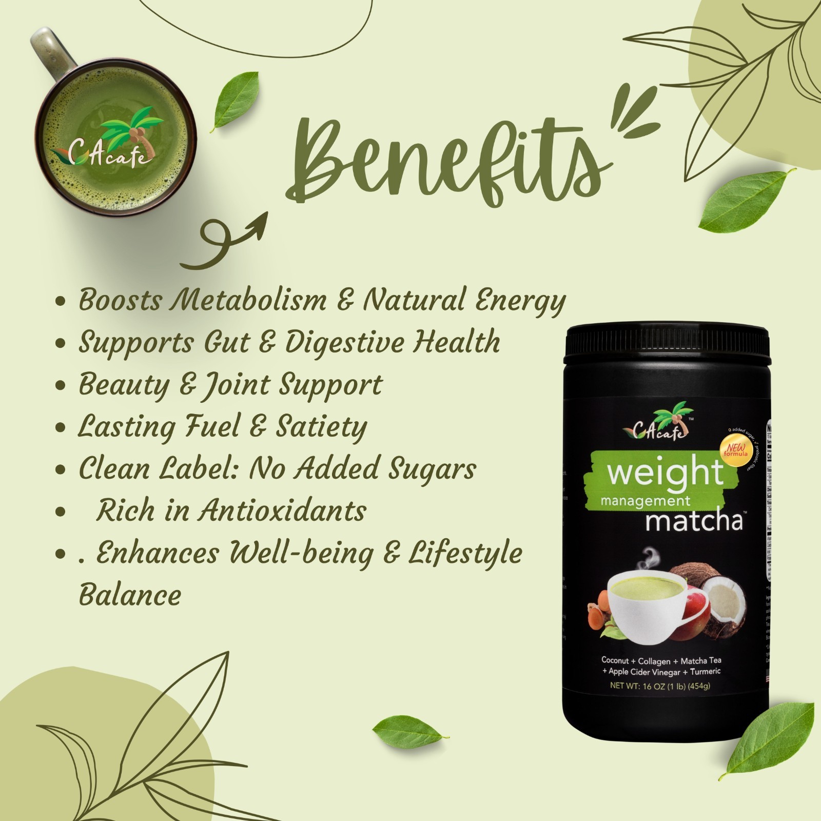CAcafe Weight Management Matcha No Sugar(Updated Formula)16OZ