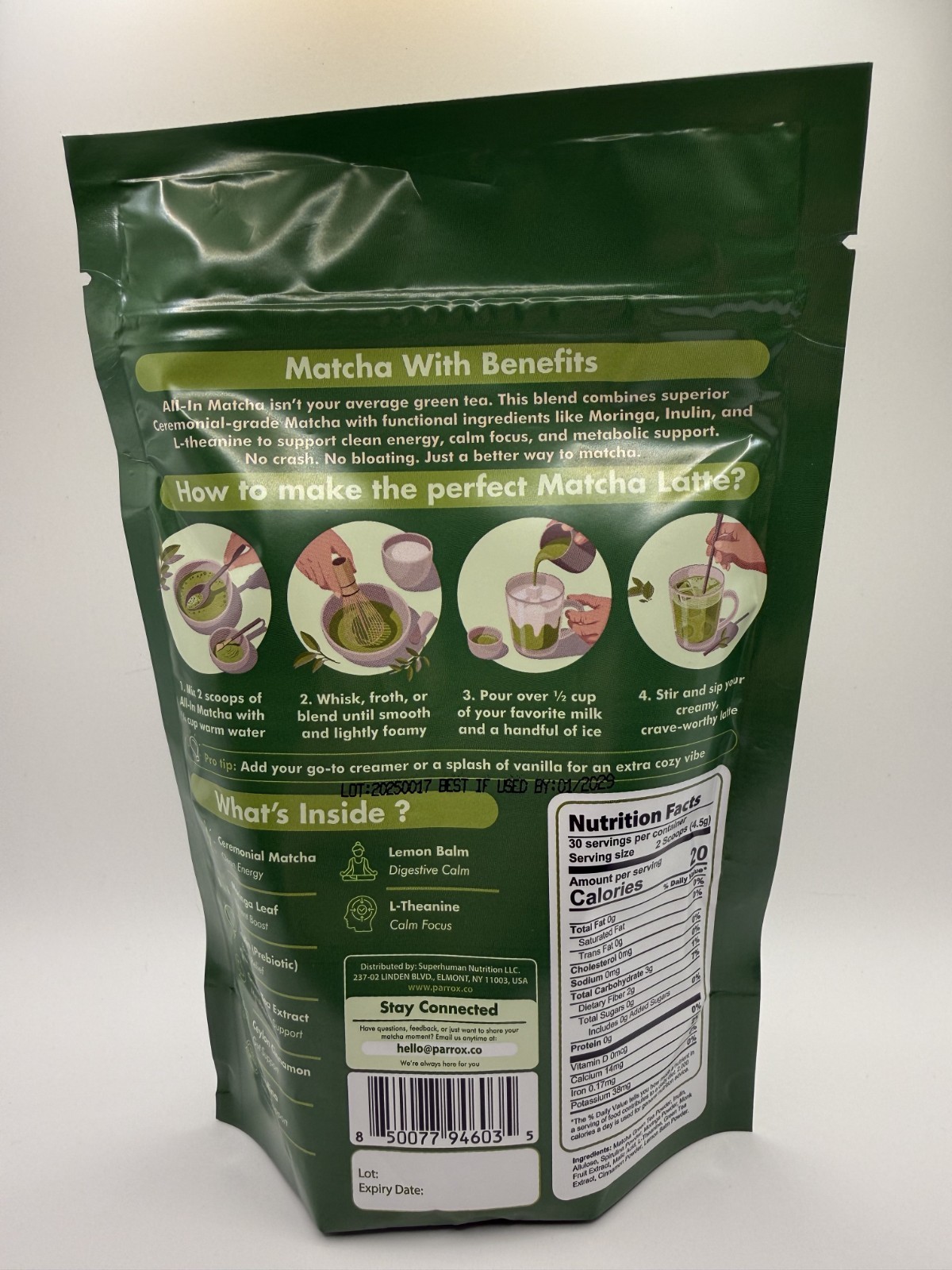 Parrox All-In Matcha Ceremonial Grade Powder Vegan Zero Sugar 4.76oz 30 Servings
