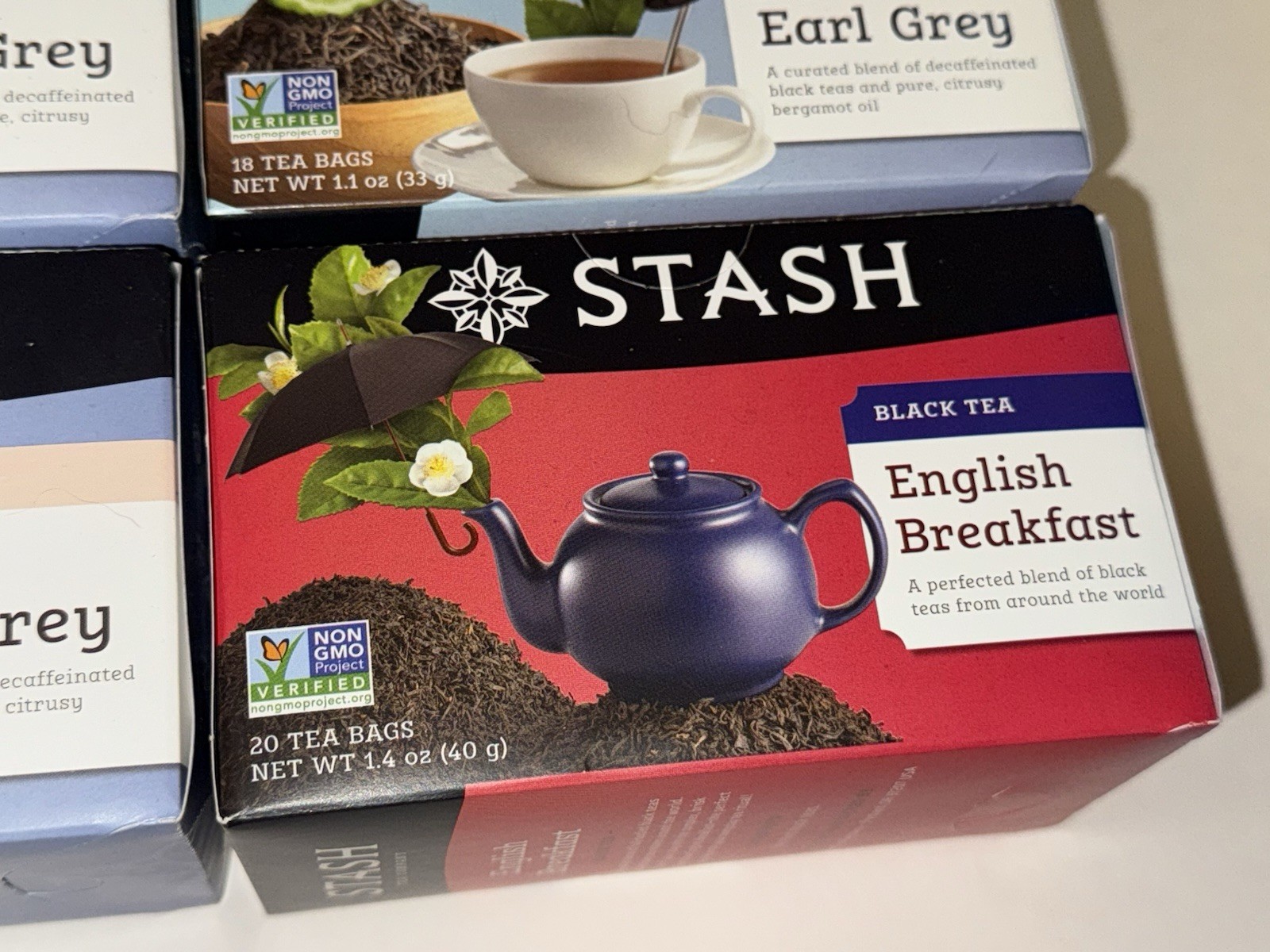 (6) boxes STASH TEA BAGS = 5 DECAF EARL GREY + 1 English Breakfast Black Regular