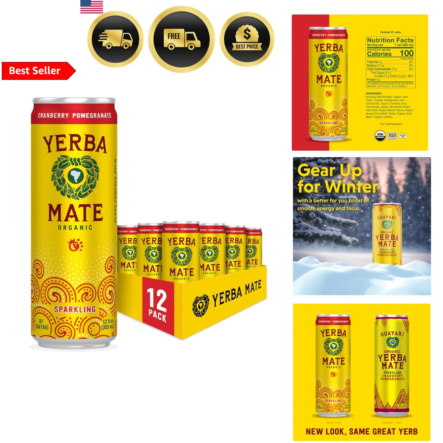 Organic Sparkling Yerba Mate Cranberry Pomegranate 80mg Caffeine 12oz 12 Pack