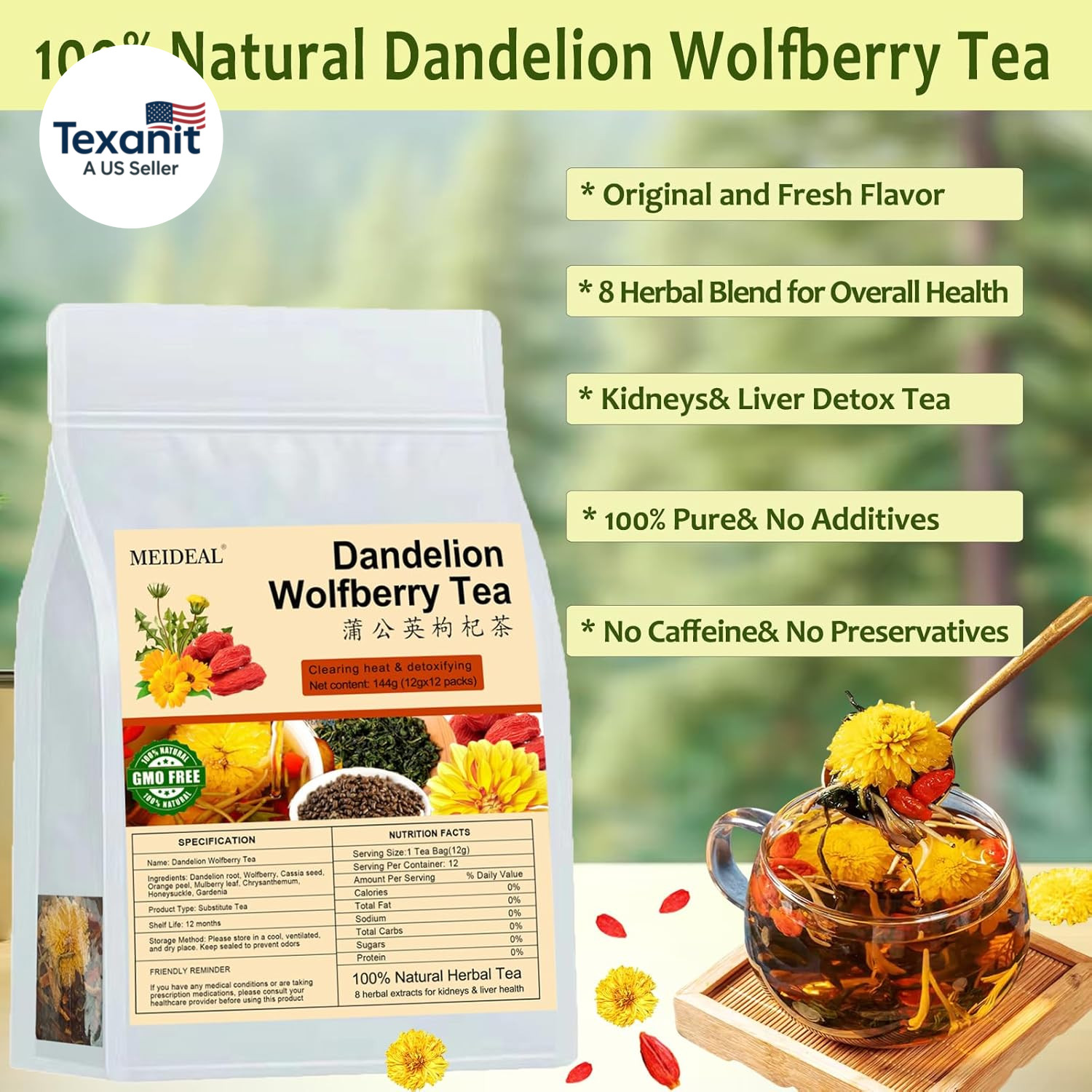Dandelion Wolfberry Tea, 12 Pcs Organic Dandelion Tea for Kidneys & Liver Health