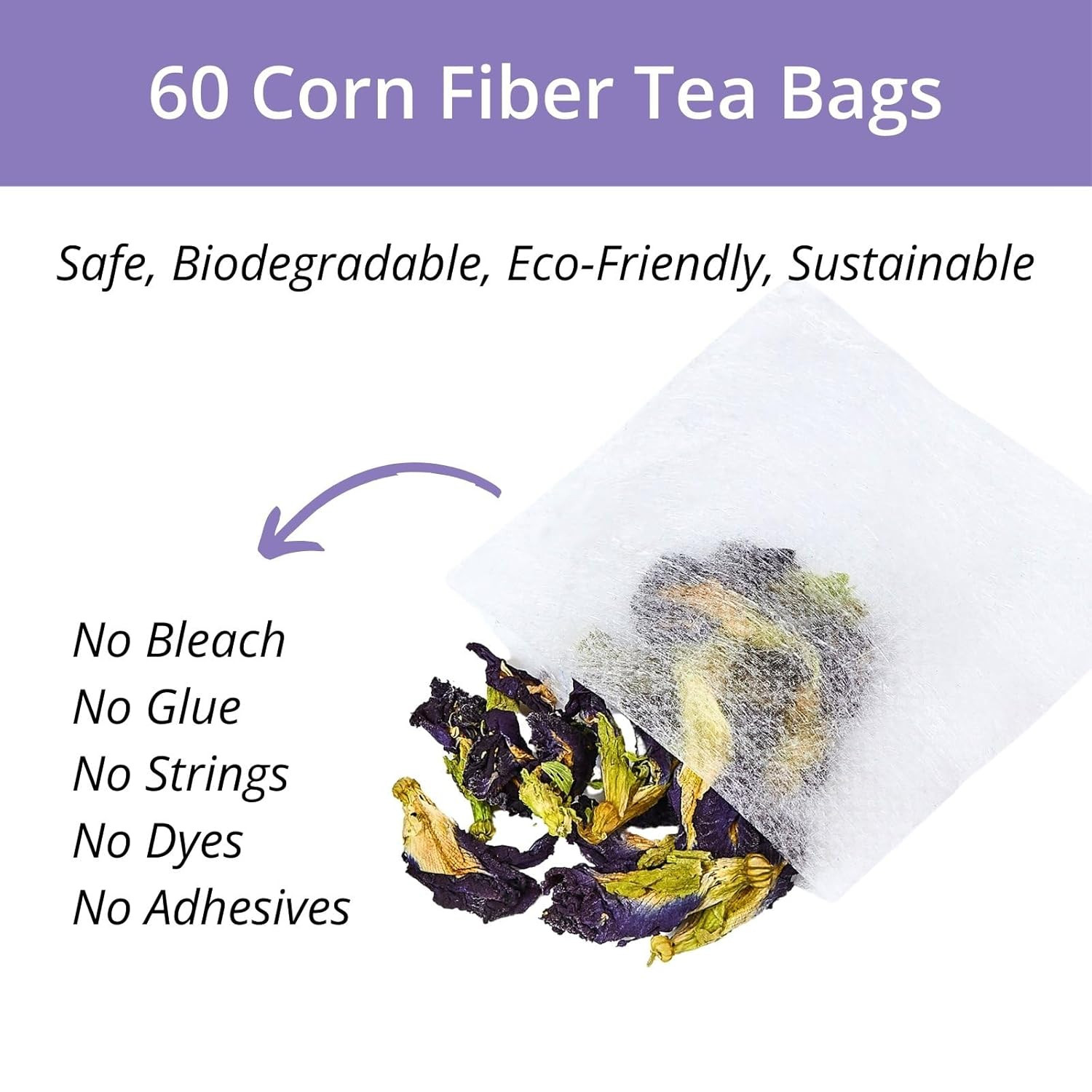 60 Dried Butterfly Pea Flower Tea Bags, VitalForest Butterfly Blue Pea Flower Te