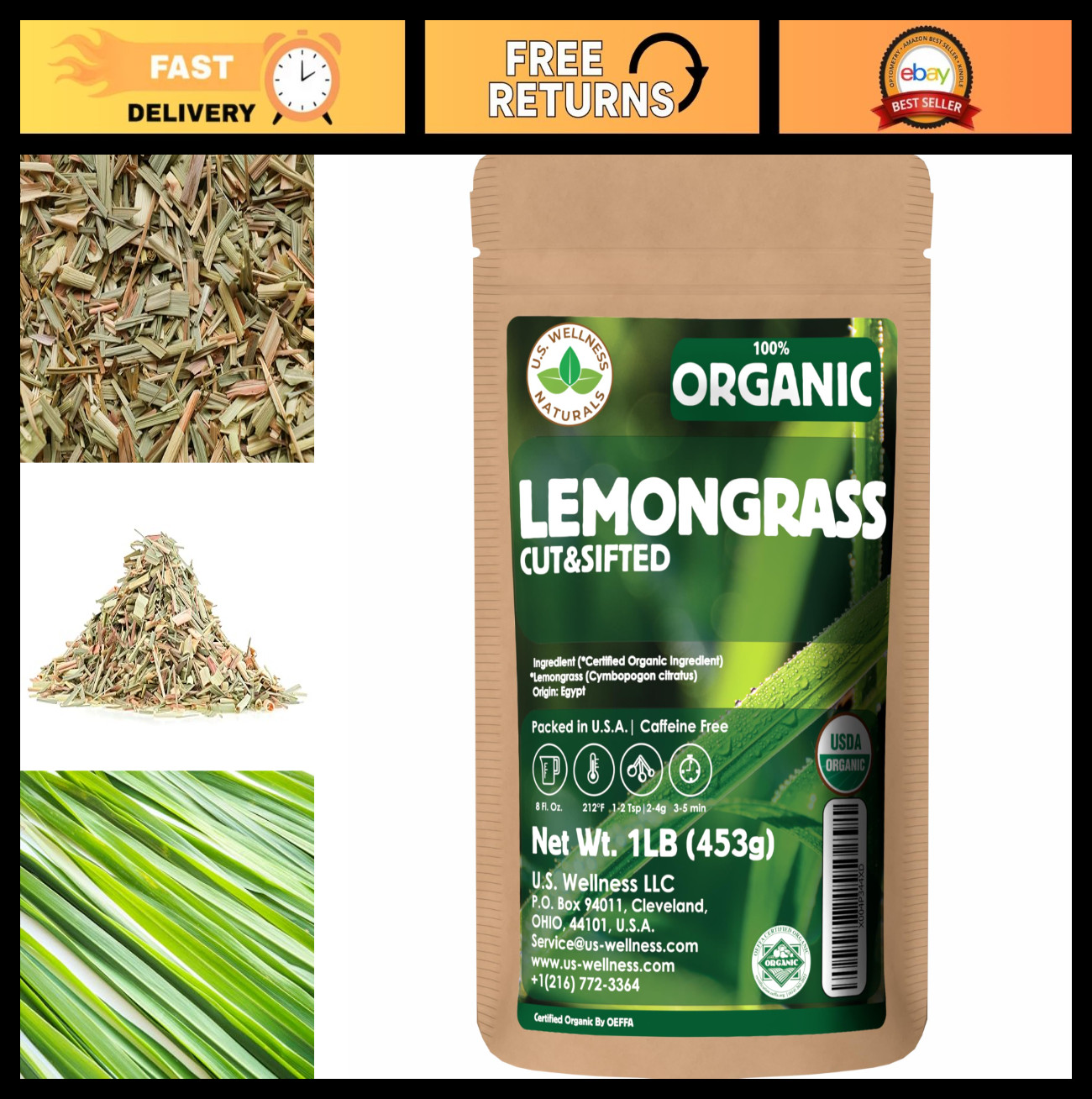 Organic Lemongrass Tea 1 LB | Cut & Sifted Loose Leaf | Aromatic Herbal Seasonin